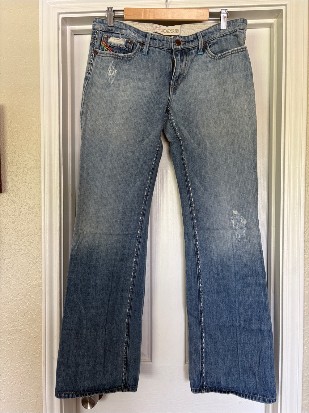 Joe's Jeans 1971 Light Blue Distressed Flare Jeans with Rainbow Embroidery - Picture 4 of 7